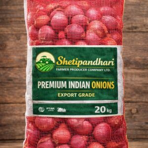 20 kg export-grade Indian onions packed in branded mesh bag.