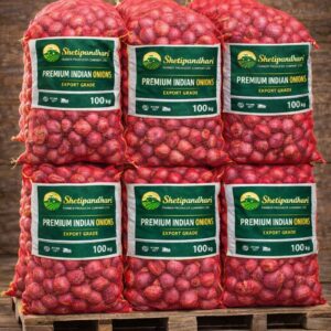 A red mesh 100 kilogram bag filled with fresh Indian onions