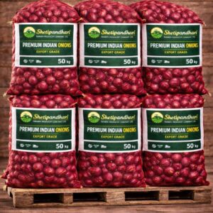 500 kg deep red Indian onions packed in 50 kg mesh bags branded by Shetipandhari Farmer Producer Company Ltd for export.
